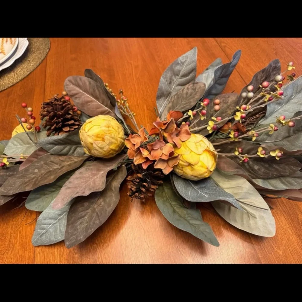 Fall Wreath Centerpiece Green Gold Brown Thanksgiving Faux Floral